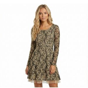 Altar'd State Black Lace Mini Dress Small Long Sleeve Tulle Fit Flare Holiday